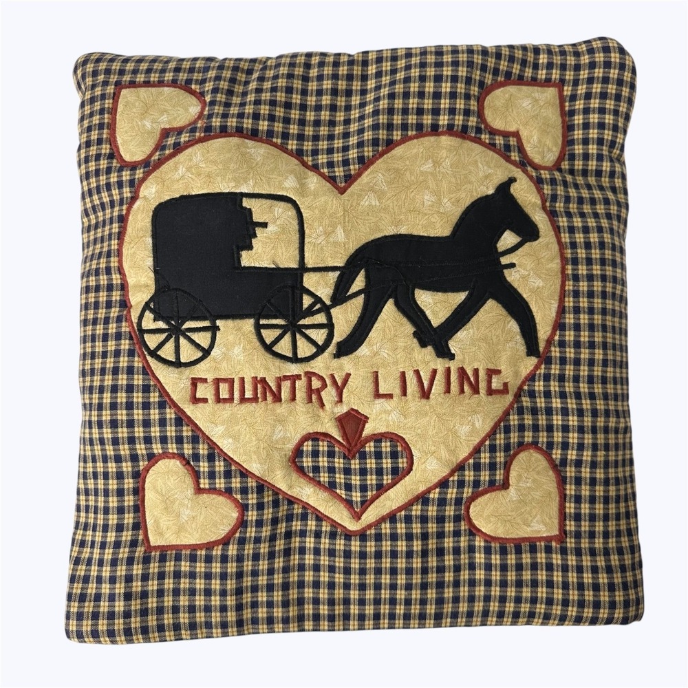 Country Living Horse Buggy Plaid Quillow Combo Blanket Pillow Primitive Folk Art